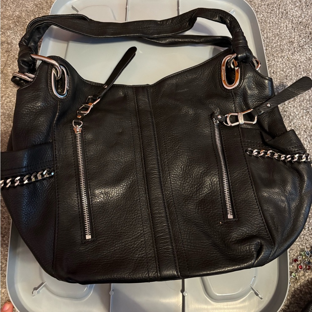 B. Makowsky Black Leather Shoulder Bag with Chain Detail